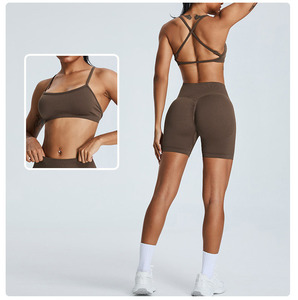 Adjustable Strap Yoga <b>Bra</b> V Back Shorts <b>Set</b> 2 Pcs Sportswear <b>Sexy</b> Cross Back Fitness Yoga <b>Set</b> Seamless Active <b>Set</b> - Product Image 2