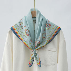 وشاح قطن حرير أزرق أنيق صيفي طازج 65*65 للنساء نمط الأزهار رقبة مربعة باندانا عصرية وليست مادة بوليستر - Product Image 5