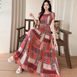 Abito Lungo Bohémien Africano da Donna, Elegante <span class=keywords><strong>Vestito</strong></span> a Strati con Maniche Corte e Stampa Etnica, Ideale per le Vacanze - Product Image 2