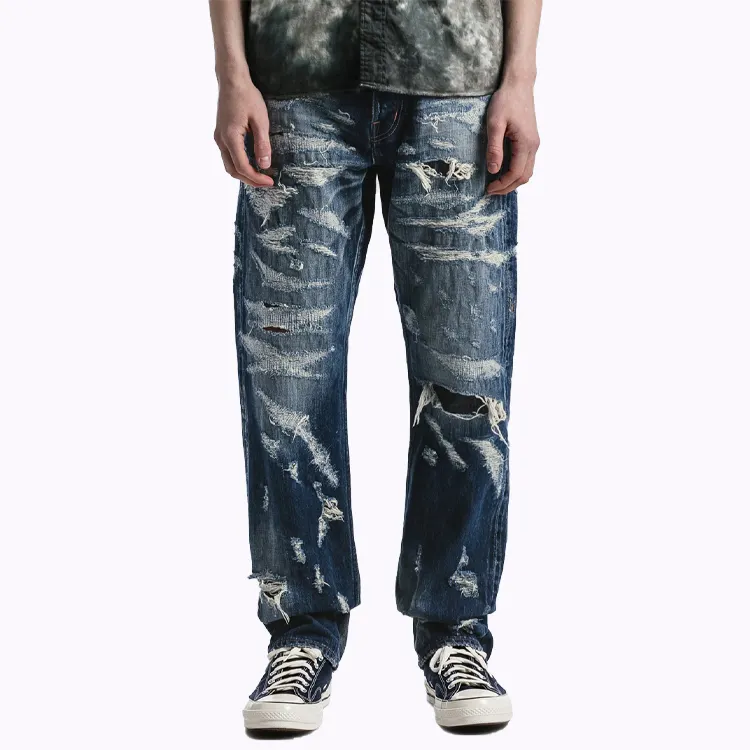 Classic Men's Custom Straight Tube Sand Wash Spray Hole Denim Jeans Wash Men's Long Jeans Medium Blue Hole Denim Pants