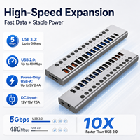 Hub USB 3.0 en aluminium 17 en 1, multi-ports, avec interrupteurs individuels, adaptateur d'alimentation 12V pour ordinateur portable PC