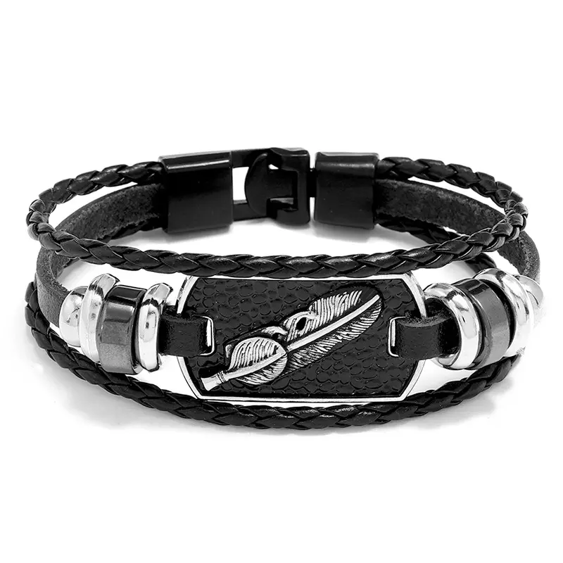 2023 nouveauté hommes en cuir charme Fine vacances cadeau bracelets Simple multicouche à la main noir peau de vache plumes Bracelet pour hommes