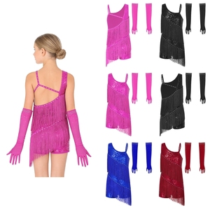 Girls <b>Dance</b> Leotard Dress With Fringes And Gloves <b>Stage</b> Performance <b>Wear</b> For Latin Ballroom Dancing Kids 6-16 Years <b>Old</b> - Product Image 1