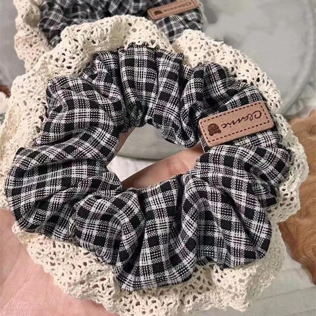 4 Black Plaid Lace Scrunchies