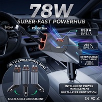 Chargeur de voiture rapide HNT 78W 4 en 1 avec deux câbles rétractables Type C USB a PD Adaptateur multi-ports Chargeur de voiture pour iPhone Samsung