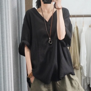 Camisa feminina casual de manga curta Muguyu, tamanho grande, blusa de algodão e linho com ajuste solto 260604179 - Product Image 6