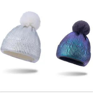DDA1437 Heißer Frauen eltern-kind-Wolle Hut Winter Crochet Pelz Ball Metallic Gestrickte Hüte Shiny Bronzing Gold Pom Pom stricken Mützen