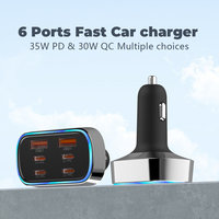 Cargador de Coche USB C de Carga Súper Rápida 6 en 1 con Luz RGB, Cargador USB para Encendedor de Cigarrillos Multipuerto de 105 W para iPhone