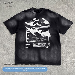 เสื้อยืดคอตตอน <span class=keywords><strong>100</strong></span>% แขนสั้น พิมพ์ลายม้าและลิง ล้างสีแบบวินเทจ ขอบเสื้อขัดสีแบบหนัก ตัดเย็บแบบขาดๆ  นำเข้าจากต่างประเทศ - Product Image 4