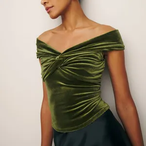 Mode de luxe femmes été chaud sans manches hors de l'épaule corsage débardeur Sexy dos nu doux vert velours froncé Camis haut