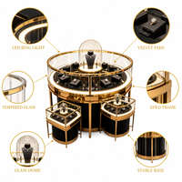 Vitrina Redonda Dorada para Joyería con Iluminación LED, Tapa de Cristal, Gabinete Central Resistente para Tienda de Joyería