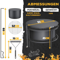 Brasero en fer robuste rond avec double grille et accessoires pour patio extérieur, jardin et camping