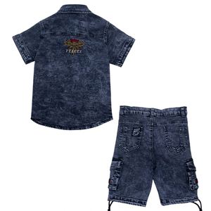 ชุดเซ็ตสองชิ้นแขนสั้นเดนิมสีพื้นสไตล์ลำลองสำหรับเด็กผู้ชาย - Product Image 4
