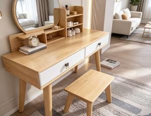 Scandinavian Solid Birch <b>Makeup</b> <b>Vanity</b> With Mirror And Storage Drawers For Bedroom - Product Image 6