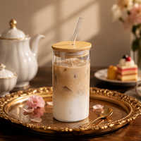 Gobelet à smoothie et jus carré personnalisé de 400 ml en verre borosilicate, avec paille et couvercle en bambou, portable, compatible lave-vaisselle, design moderne, pour boissons glacées