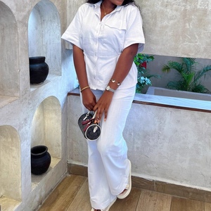 Women's Solid-Color Collared Short-Sleeve Cardigan Shirt & Casual <b>Pants</b> African 2-Piece Set Fashion - Product Image 3