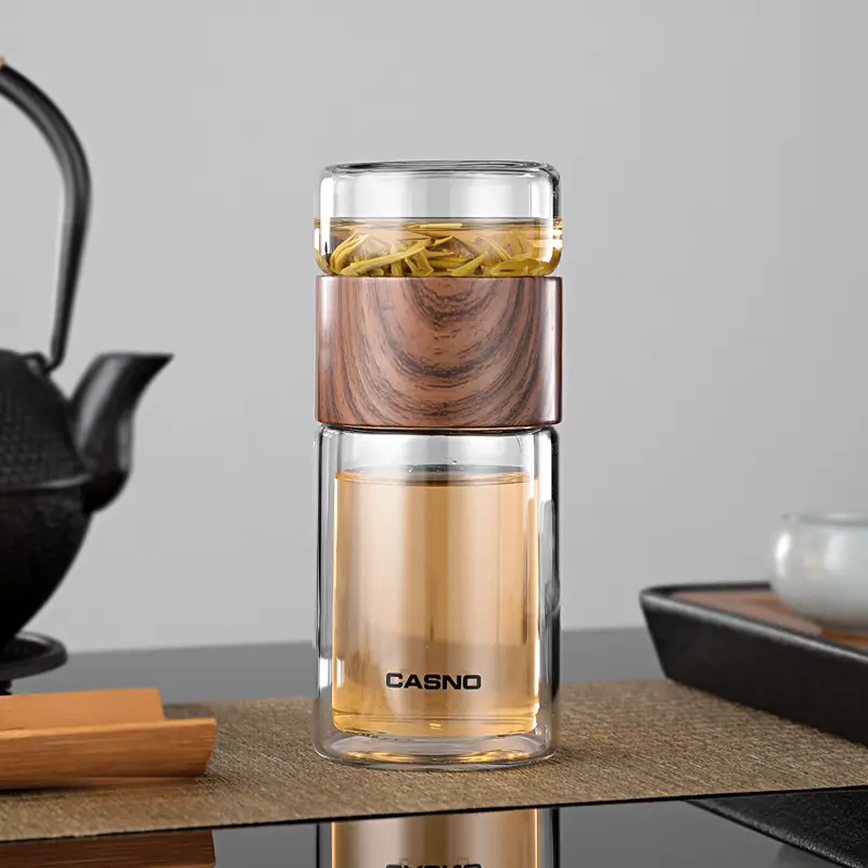 Botella de agua con filtro de té de vidrio resistente al calor, doble pared, respetuosa con el medio ambiente, con Infusor de té