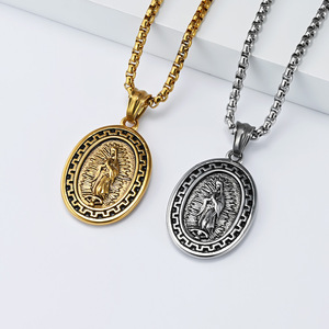 Virgin Mary Pendant Necklace Men's Titanium Steel Oval Religious Charm Gift Jewelry Fashion <b>Chain</b> Street Style Punk Look - Product Image 2