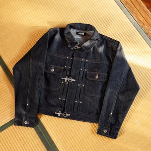Blousons en jean personnalisés 15oz, style pompier, avec boucle mousqueton, en denim selvedge japonais brut, de créateur - Product Image 1
