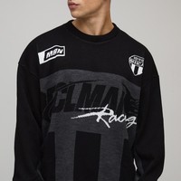 Suéter de Punto Jacquard Vintage para Hombre, Estilo Racing, Oversize, Cuello Redondo, para Marcas de Moda Urbana