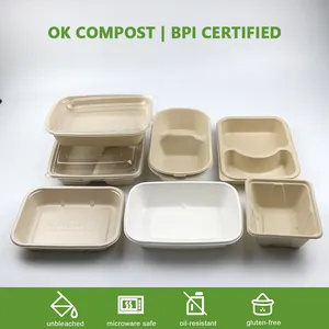 Caja de papel Biodegradable personalizada para embalaje de comida rápida, fibra de pulpa de bagazo de caña de azúcar Biodegradable, contenedor para llevar
