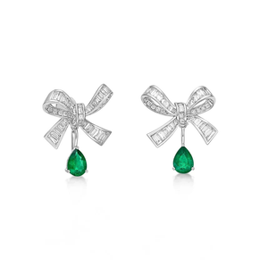 Pendientes de lujo de auténtico de oro blanco 18 quilates Pendientes colgantes de pera y lazo Esmeralda con corte Baguette Uso diario - Product Image 1