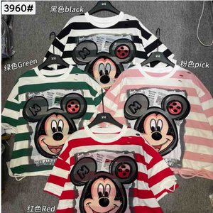 Custom Oversized Striped Cartoon <strong>Face</strong> <strong>T</strong> <strong>Shirt</strong> for Women Patchwork Sequin Cotton Short Sleeve Casual Streetwear Tee OEM ODM - Product Image 1
