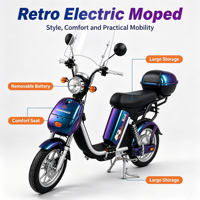Moped électrique pour adultes, rétro, avec phare rond, scooter électrique avec pare-brise, boîte arrière, double amortisseur, violet