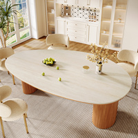 Table à manger ovale en pierre de travertin Tribesigns de 86 pouces avec trois pieds en bois massif pour 6 personnes, cuisine, salle à manger