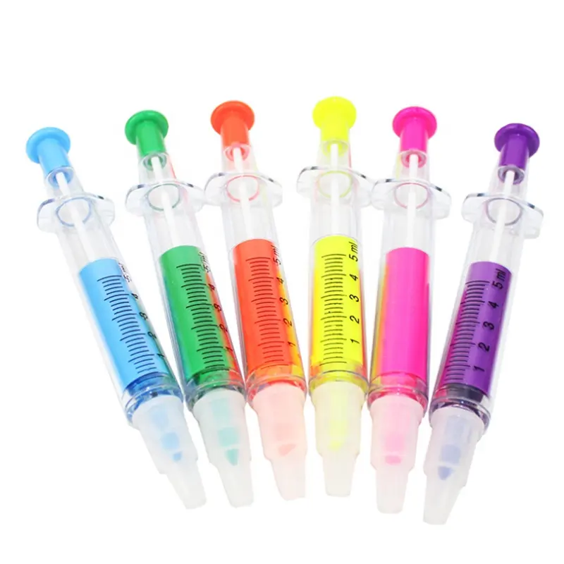 Surligneur de seringue à aiguille créative populaire 2 en 1 avec stylo à bille assorti 6 couleurs pour le bureau, l'école et le cadeau de promotion