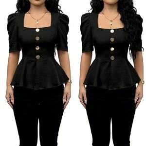 Women's Square Neck Puff Sleeve Peplum <b>Top</b> - Gold Button Fitted Shirt Fashion - Product Image 3