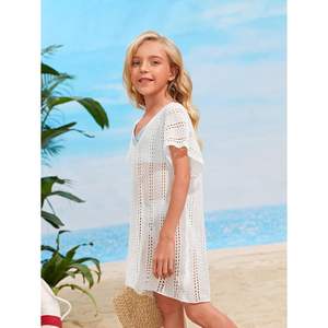 Robe de plage personnalisée pour fille, col en V, crochet, manches courtes, paréo d'été, haut de bikini ample en coton tricoté, 1 pièce - Product Image 4