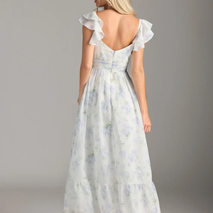 Robe longue en mousseline de soie à imprimé floral personnalisée ODM, manches volantées, col en V, imprimé floral, robe maxi fendue, impression numérique, robe pour femme - Product Image 2