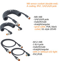 Cable de Sensor Lutronic M8 (Doble Extremo) Código A 3/4/5/6/8 Macho Hembra Recto Angular IP67 48V CA/60V CC Con/Sin LED Dorado