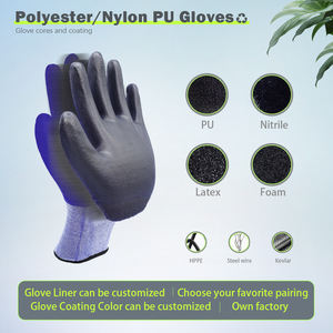 Venta caliente 13G Azul Poliéster Negro PU Guantes de nylon Guantes recubiertos de PU Guantes de trabajo de construcción - Product Image 4