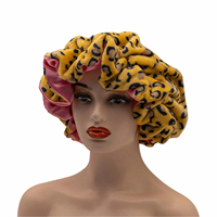 Chapeau de nuit en dentelle double couche pour femme avec oreilles, grande doublure en satin double face, bonnet de nuit en peluche imprimé léopard pour femme