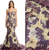 Tissu en dentelle 3D de luxe violet mauve, tissu en organza lourd perlé, appliqué en maille de tulle pour robe de soirée haute couture