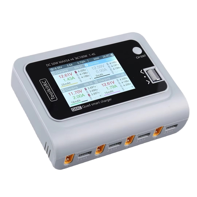 BSSY)ToolkitRC Q4AC Charger XT60 Adapters IPS Bright With Wide Angle Display 4x50w 5A 100W 4 Port Smart Discharger