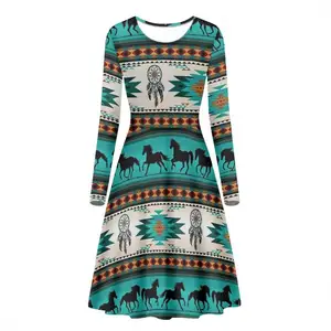 Wholesale Traditional Ethnic Tribal with Horse Printed Evening Dresses 2022 Long Sleeves O-Neck A-Line Dress Women Knee-Length