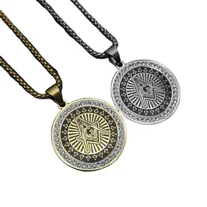 Latest Hiphop Masonic Jewelry Stainless Steel Gold Crystal Engraved LOGO AG Freemasonry Necklace Pendants