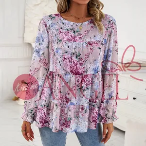 KISS ME ANGEL best selling autumn and winter crew neck lantern long sleeve floral casual long sleeve fall women blouse