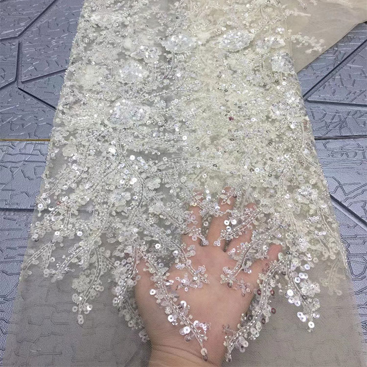 White Bridal Lace Fabric Beaded Embroidery Lace Sequins Fabric for Wedding Evening Dress
