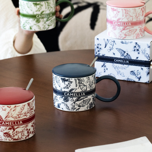 Mug en céramique à motif de fleurs d'encre 380 ml, pour les fêtes, motif de dessin animé, tasse à eau avec couvercle, sensation haut de gamme - Product Image 2