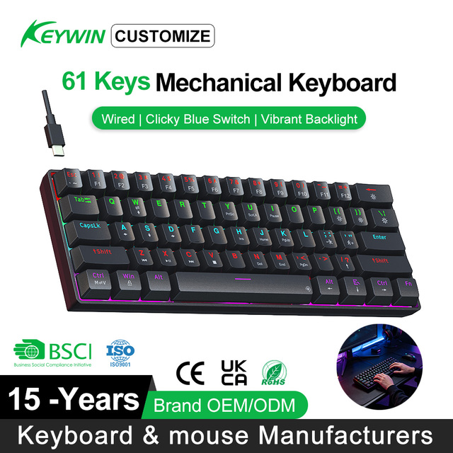 Factory Hot Sale Stock 61 Key Wired LED Mechanical Gaming Keyboard 60% Detached Type-C Interface USB Gaming Keyboard for Desktop