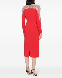 Disponibile Subito: Nuovissimo Abito Midi da Donna Tinta Unita, Maniche Lunghe e Scollo Rotondo, con Pregiata Lavorazione di Perline e Strass, Ideale per Ufficio e Casual - Product Image 3