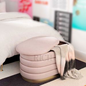 Taburete de terciopelo ovalado para dormitorio, taburete suave de lujo, moderno, otomano, color rosa, italiano, oro, acero inoxidable - Product Image 6