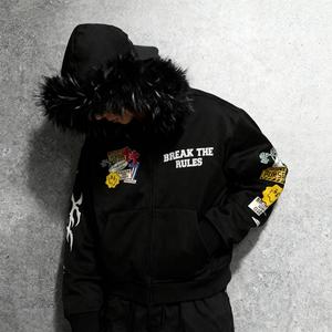 Sweat à capuche zippé pour homme, coupe oversize, hiver, haute qualité, 500 g/m², avec logo personnalisé, col en fourrure amovible, coupe-vent - Product Image 1