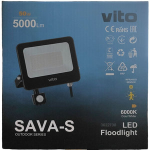 Vito 50W 5000lm <b>LED</b> Outdoor Floodlight PIR <b>Sensor</b> 6000K Cold <b>Light</b> - Product Image 2