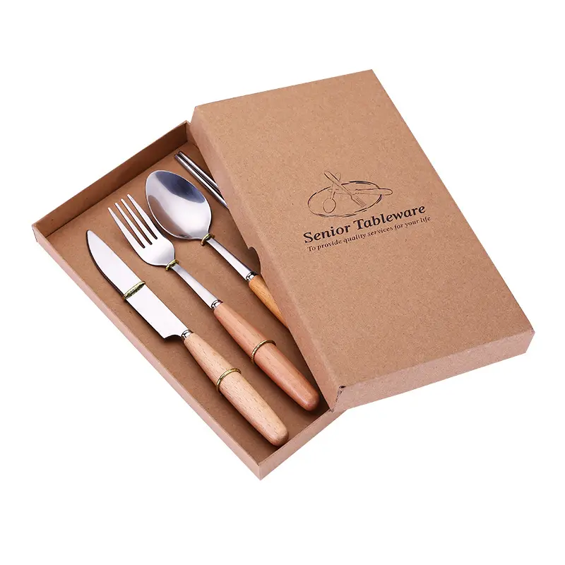 Custom Packaging Eco Friendly Stainless Steel Fork Spoon Set Utensils Flatware Wooden Handle Cutlery