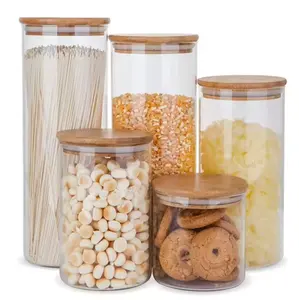 5 Pcs Set Kitchen Canisters Glass Food Storage Containers Set Airtight Food Jars With Bamboo Wooden Lids